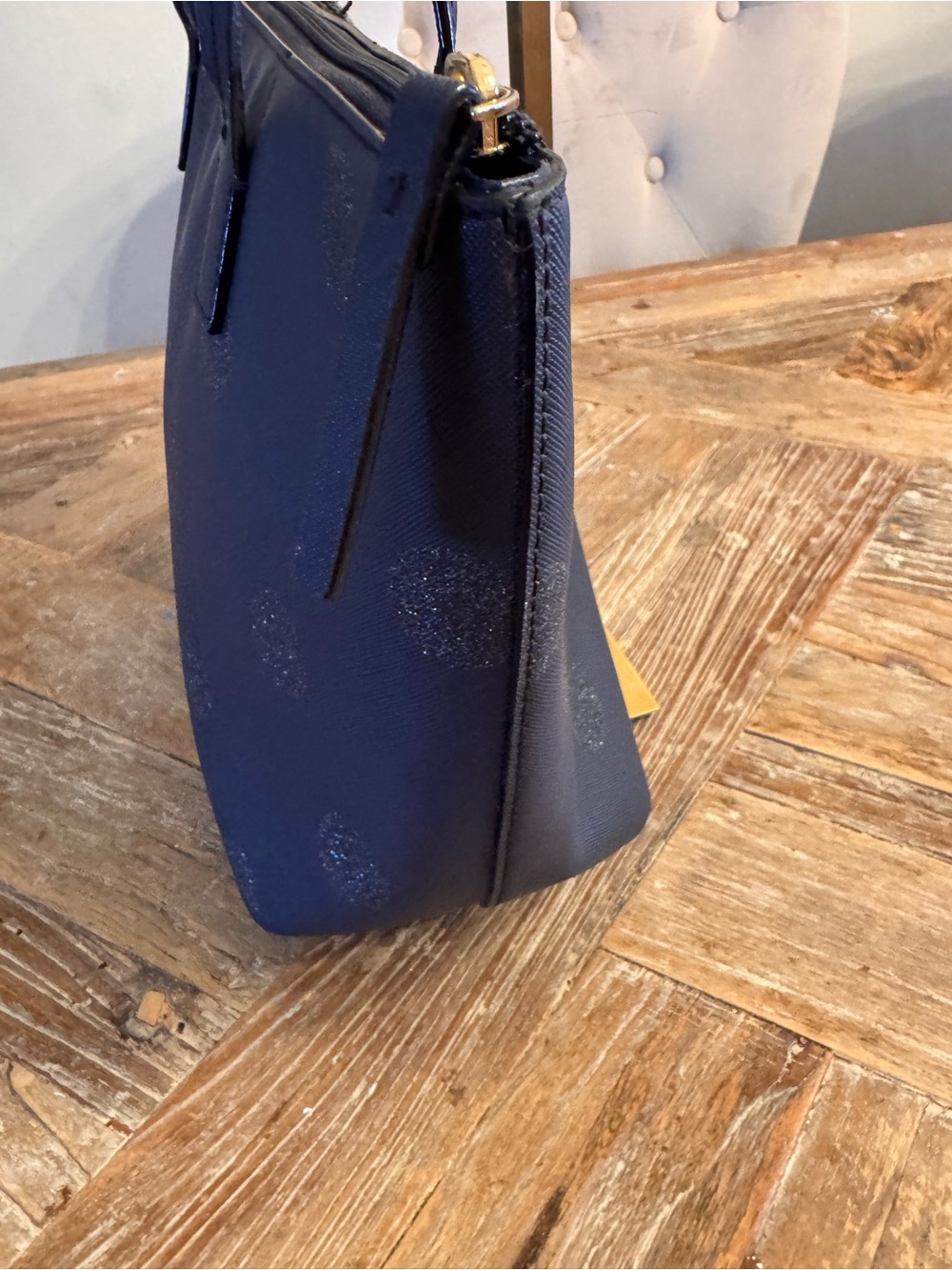 kate spade navy glitter polka dot tote with floral charm - Picture 6 of 16